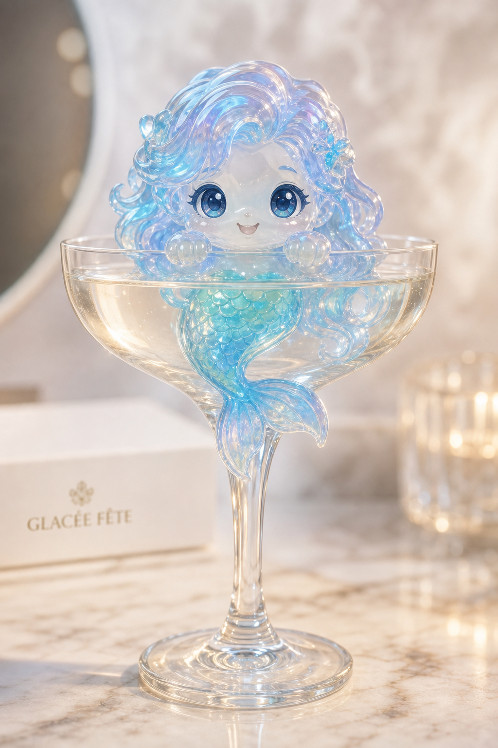 Fête™ Iridescent mermaid in champagne coupe Glacée Fête iridescent mermaid ice figurine with flowing pastel hair and shimmering scaled tail perched in a crystal champagne coupe on white marble, with a Glacée Fête gift box in the background