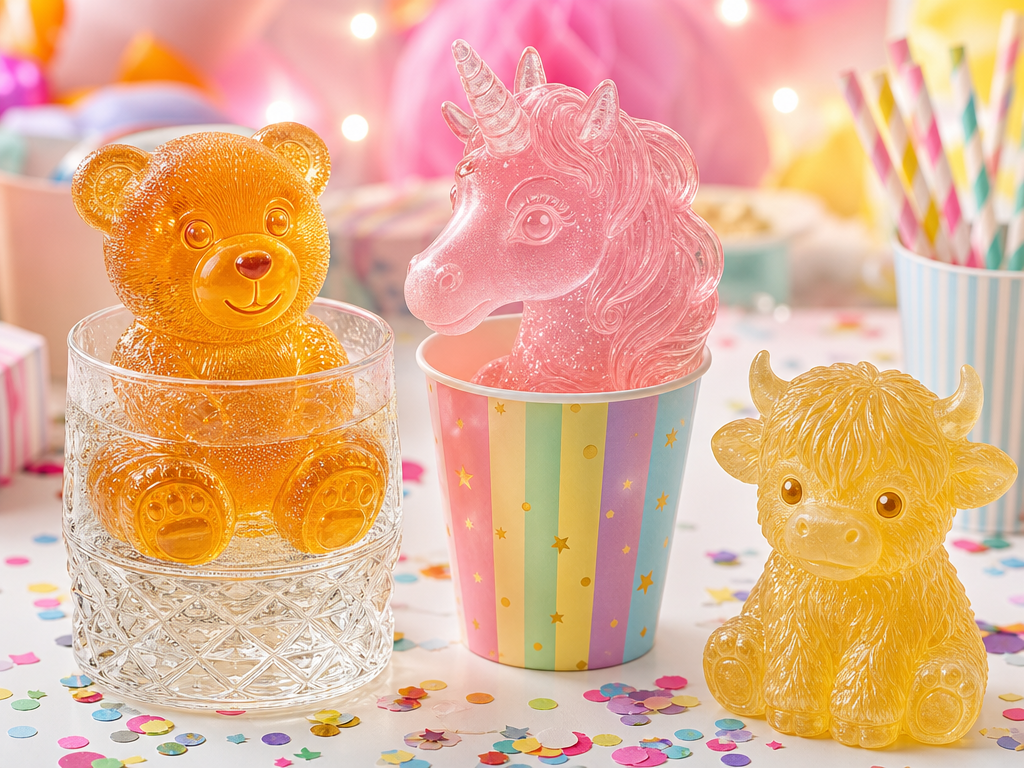 Glacee Fête party ice: brown bear in a crystal glass, pink unicorn in a rainbow cup, and golden highland cow among colorful confetti