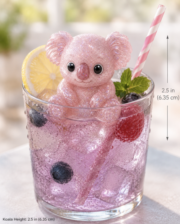 Fête™ Pink koala in berry spritz Glacée Fête pink koala ice figurine peeking over the rim of a lowball glass filled with lavender berry soda, lemon wheel, mint sprig, and pink striped straw