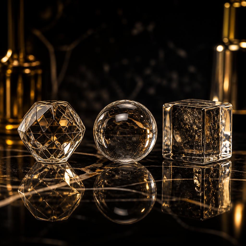 Glacée clear-ice lineup — diamond, sphere, cube Three sculptural crystal-clear reusable ice pieces in a row on dark obsidian marble — a faceted diamond cut, a perfect sphere, and a classic square — refracting warm gold light against a deep black background