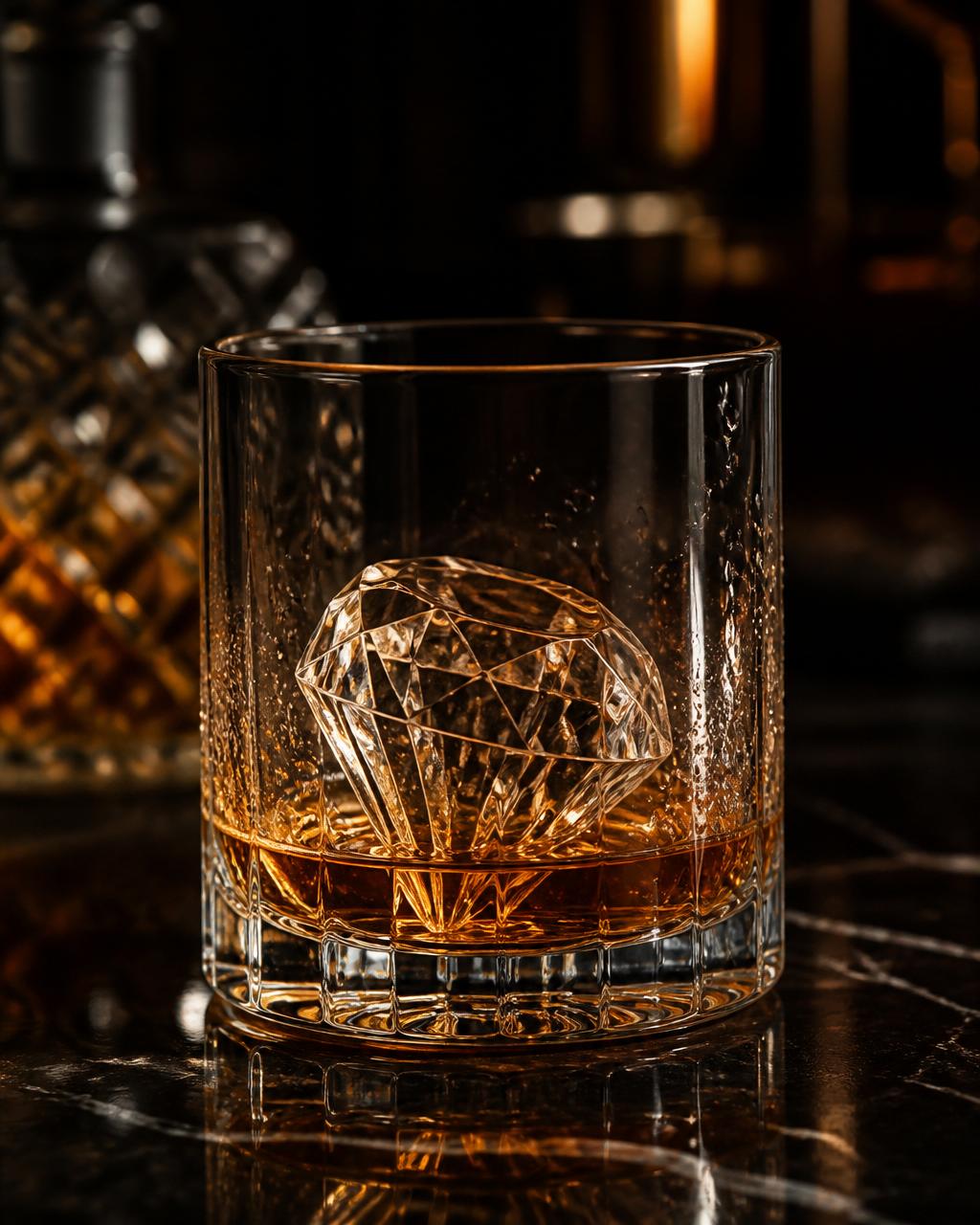 Gems™ Diamond-cut ice in whisky tumbler Glacée Gems diamond-cut ice in a whisky tumbler — a faceted crystal-clear ice sculpture refracting warm amber light inside a heavy glass on dark marble