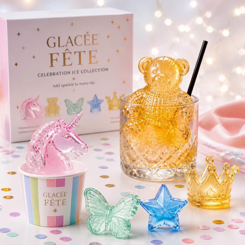 Fête™ celebration ice collection — party lineup Glacée Fête celebration ice collection — pink unicorn ice in a rainbow paper cup, an amber teddy bear ice in a lowball glass, mint butterfly, blue star and gold crown ice pieces on pastel confetti with twinkle lights