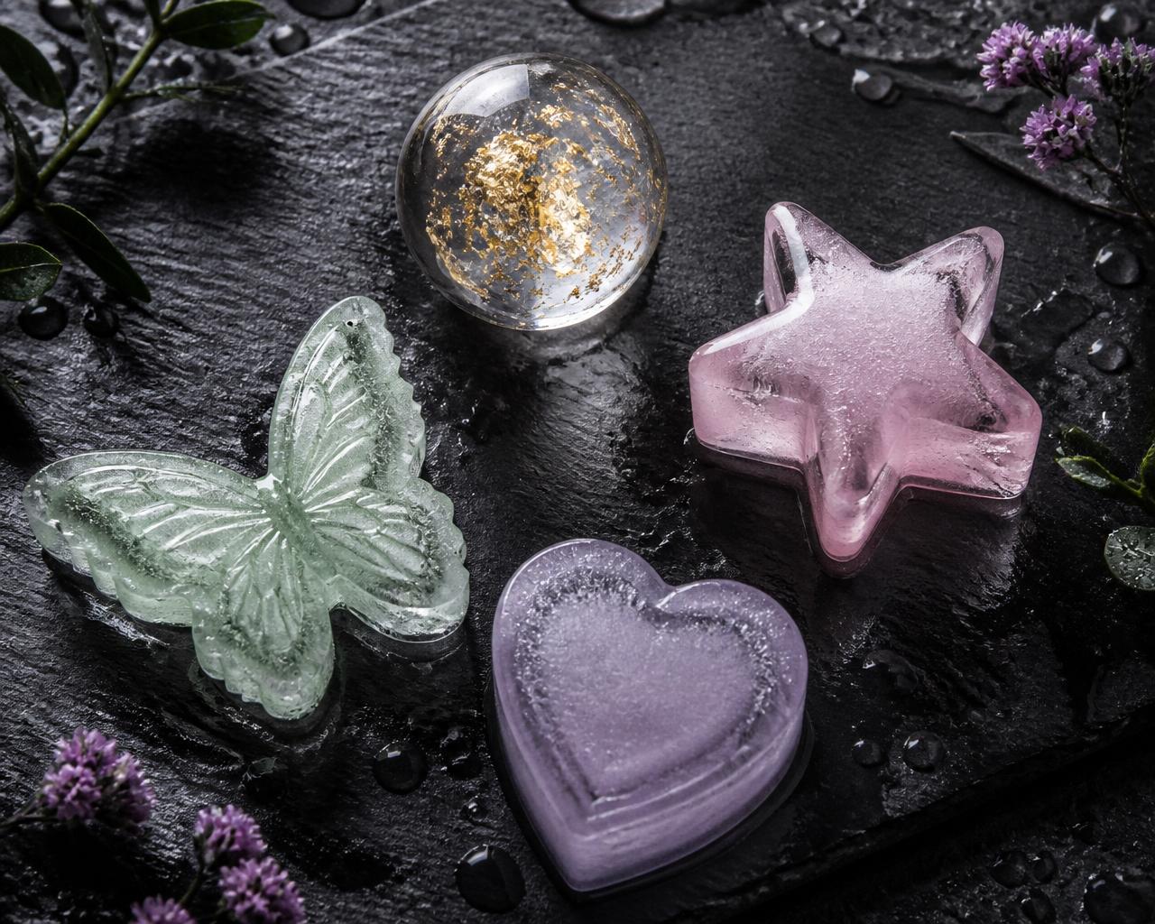 Glacée color palette flat lay Overhead flat lay of Glacée reusable decorative ice on dark slate: gold-leaf sphere, blush-pink star, mint butterfly and lavender heart shapes