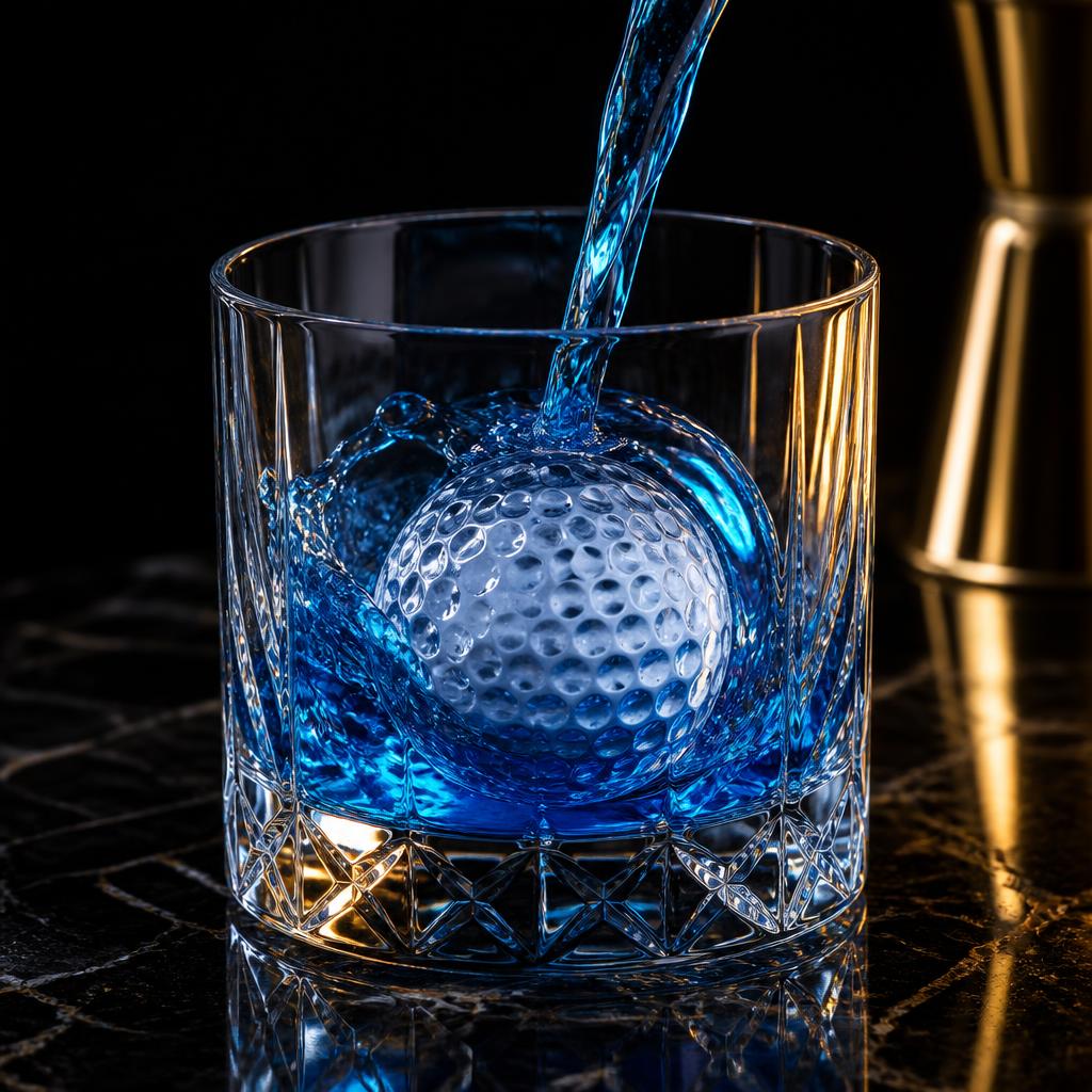 Icons™ Golf ball ice with blue pour Glacée Icons golf-ball ice — a crystal-clear reusable ice sphere textured like a dimpled golf ball in a cut-crystal lowball glass on dark marble, with vivid electric blue cocktail being poured over it mid-splash