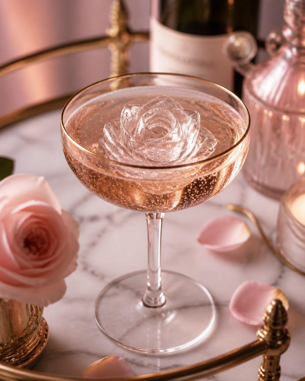Gems™ Ice rose in champagne coupe Glacée Gems sculptural ice rose floating in a gold-rimmed champagne coupe with pink rose petals on white marble, soft pink and gold ambient lighting