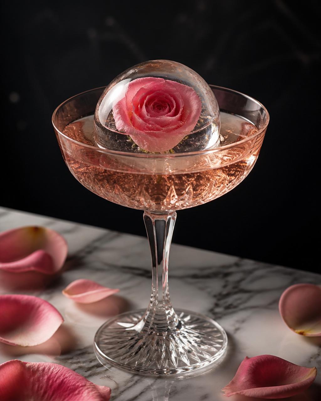 Enclos™ Rose Sphere in rosé coupe Glacée Enclos rose sphere — a crystal-clear reusable ice ball with a preserved pink rose suspended inside, served in a coupe glass of rosé on white marble