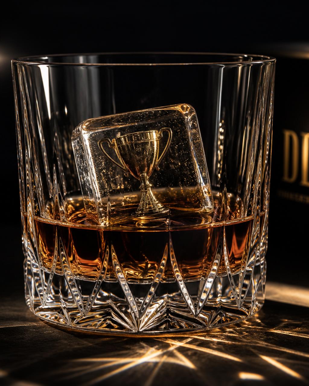 Icons™ Trophy ice in whisky tumbler Glacée Icons trophy pour — a crystal whisky tumbler holding a clear ice cube with a miniature gold trophy embedded inside, styled for a game-day bar setup