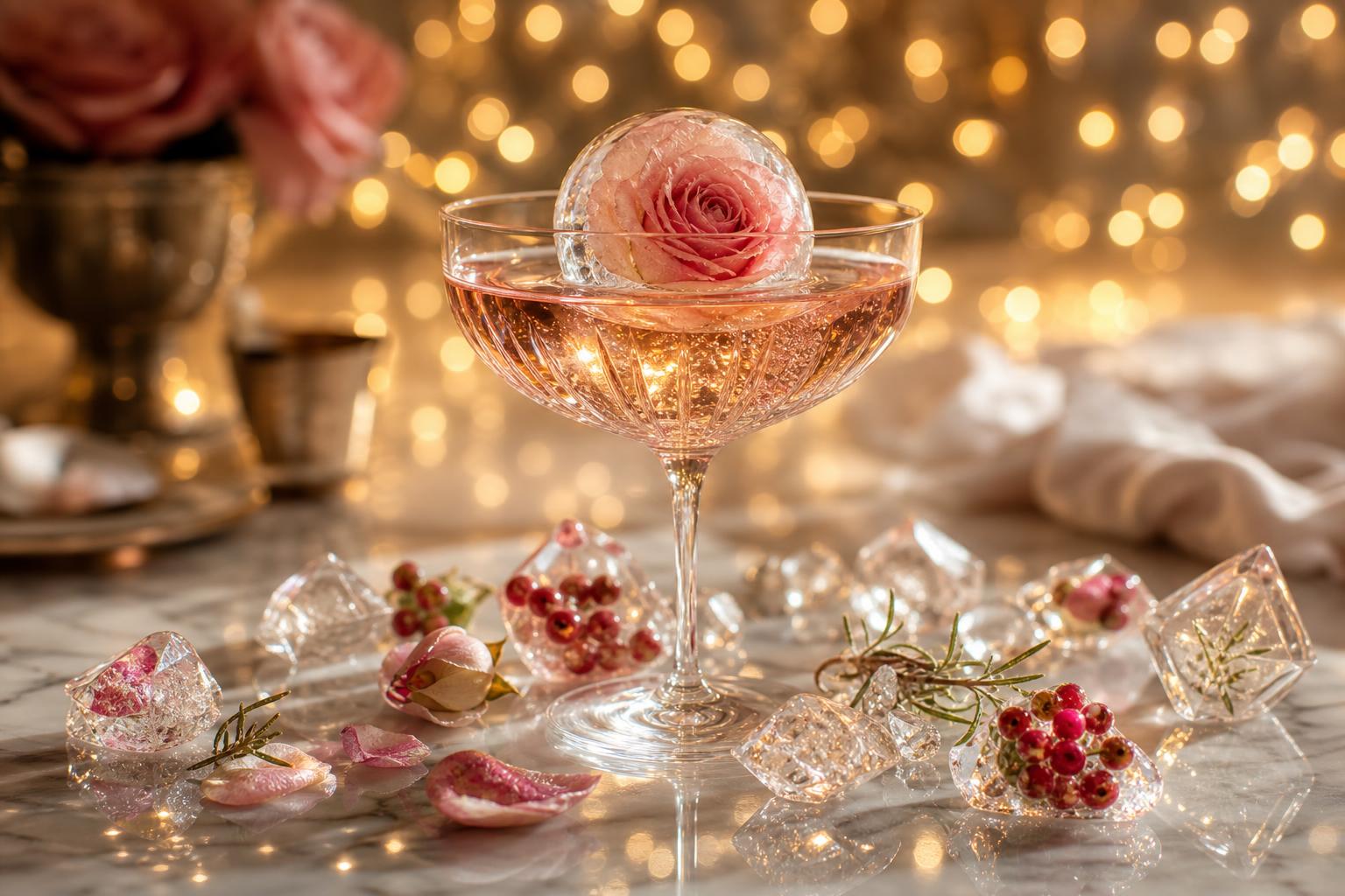 A crystal coupe glass of rosé with a clear spherical ice sculpture embedding a pink rose, beside a second ice sphere and fresh roses on polished marble