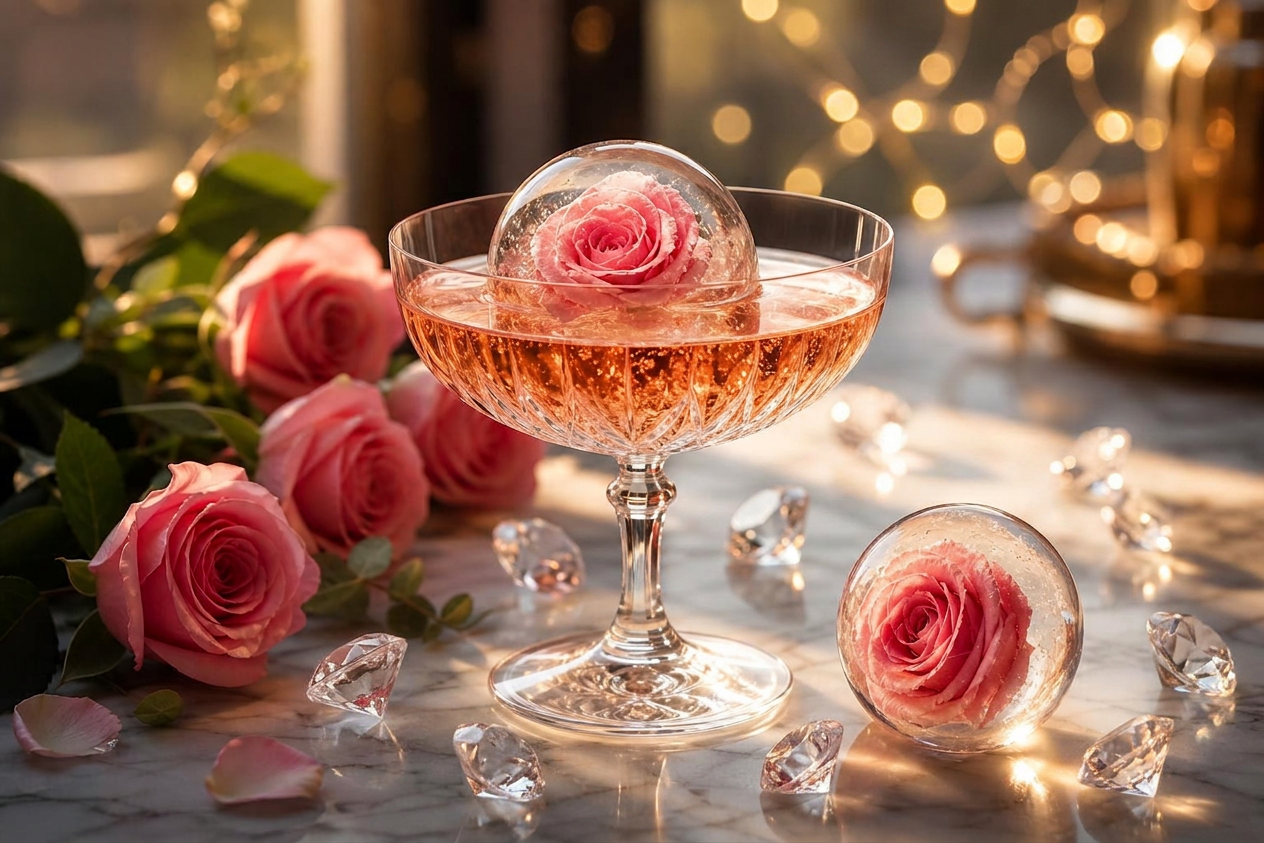 A crystal coupe glass of rosé with a clear spherical ice sculpture embedding a pink rose, beside a second ice sphere and fresh roses on polished marble