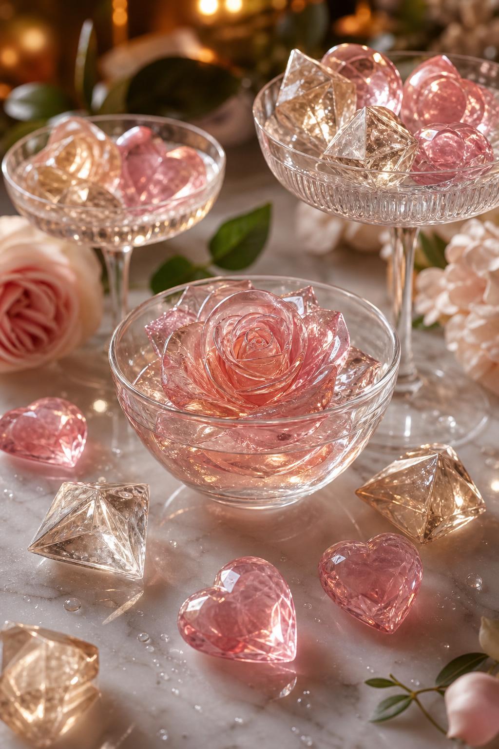 Gems™ sculpted botanical ice Glacée Gems collection — sculpted three-dimensional botanical-inspired ice forms displayed in a crystal coupe on a curated bar cart