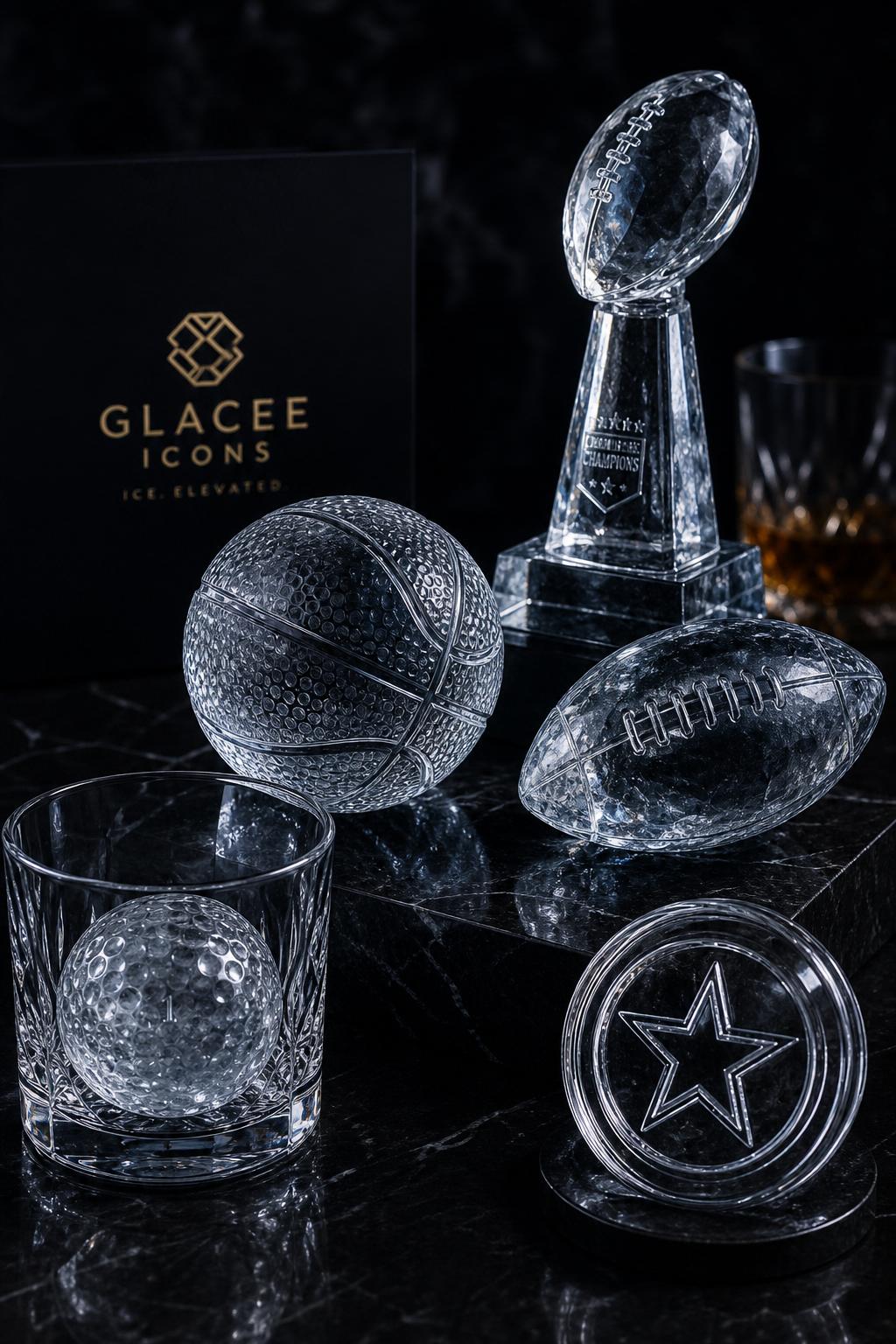 Icons™ sport and culture ice Glacée Icons collection — crystal-clear reusable ice pieces shaped like sports trophies, balls and cultural emblems for celebratory pours